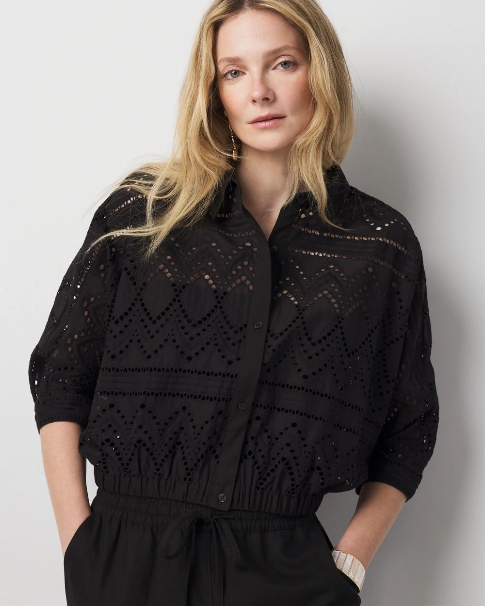 Kimono Sleeve Eyelet Shirt | White House Black Market